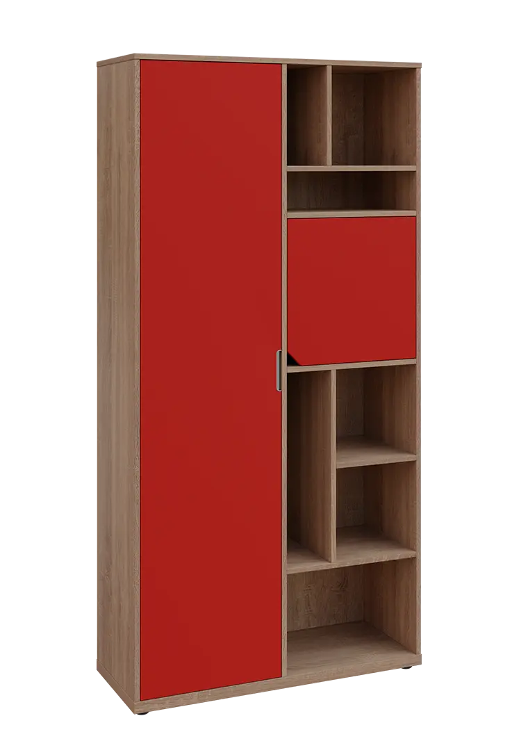 KSR6-83 L skříň šatní, 1x výsuvné ramínko, dvířka, niky, 2053x1022x400 mm, provedení levé, dub bardolino/červená